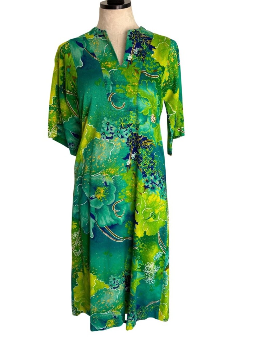 Liberty House Womens Palm Midi Kaftan Dress Size S Green Bark cloth Tiki Vintage